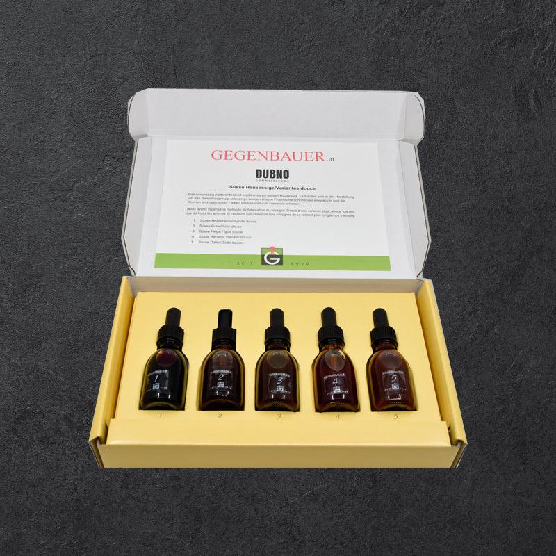 Degustations-Set Gegenbauer Hausessig edelsüss | 6x 30ml l Heidelbeere, Birne, Feige, Banane, Dattel - Gourmet Depot AG